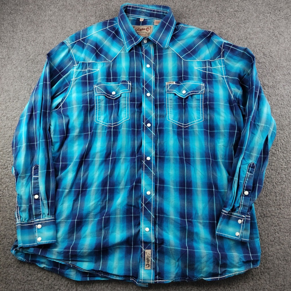Rafter C Cowboy Collection Pearl Snap Shirt Mens 2XL XXL Blue Plaid Western